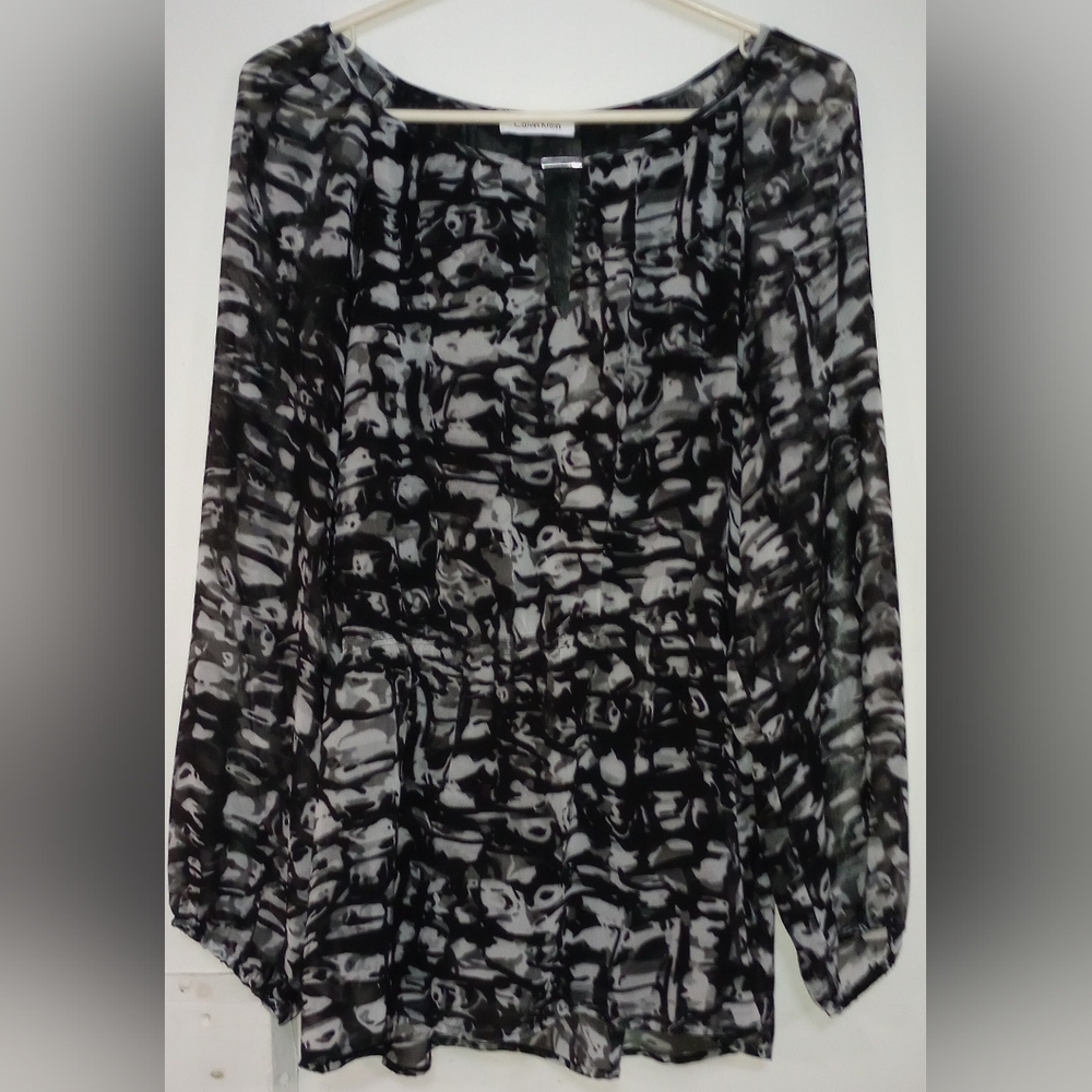 Calvin Klein Blouse Large Flowy Chiffon Lined Black Grey
